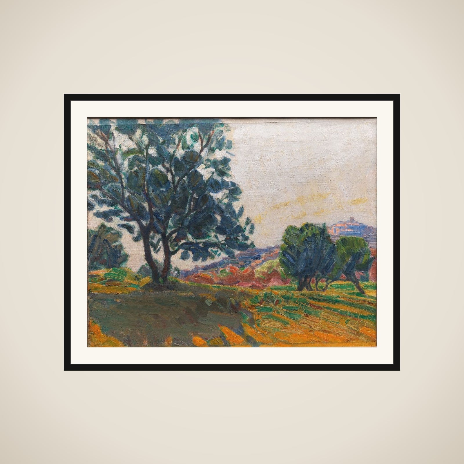 Olivenlunden. Cagnes by i baggrunden. Mod lyset framed
