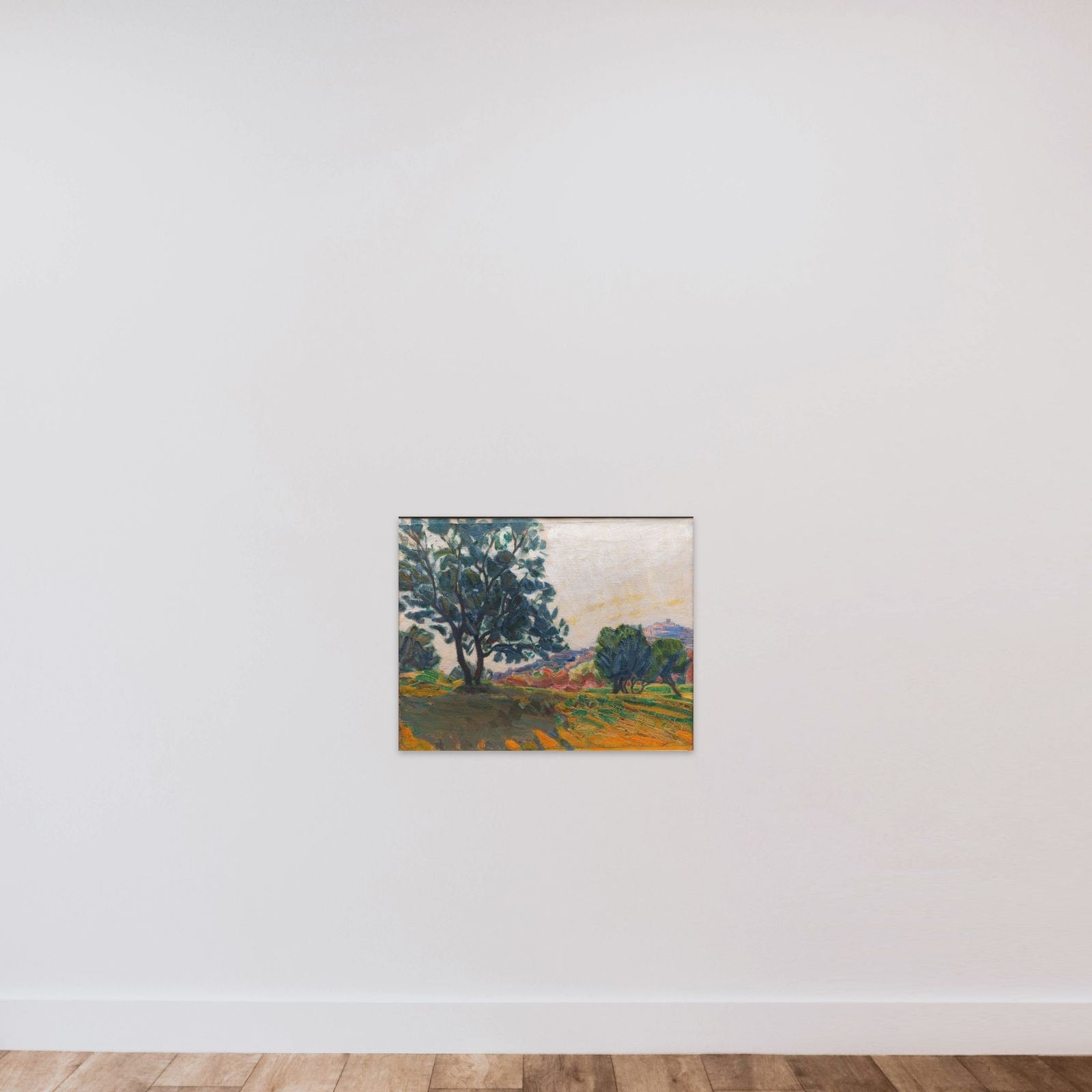 Olivenlunden. Cagnes by i baggrunden. Mod lyset unframed — shown to scale