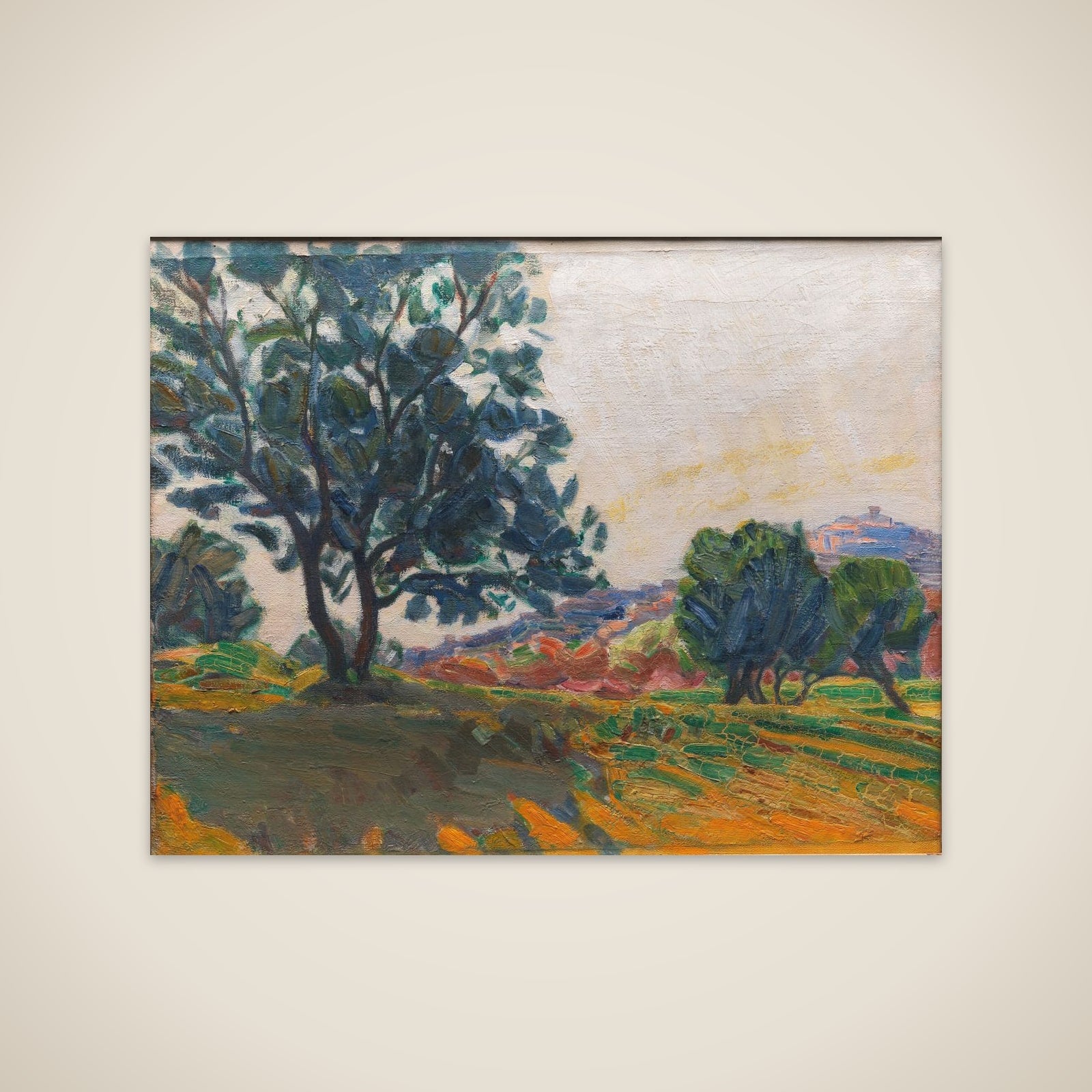 Olivenlunden. Cagnes by i baggrunden. Mod lyset unframed print