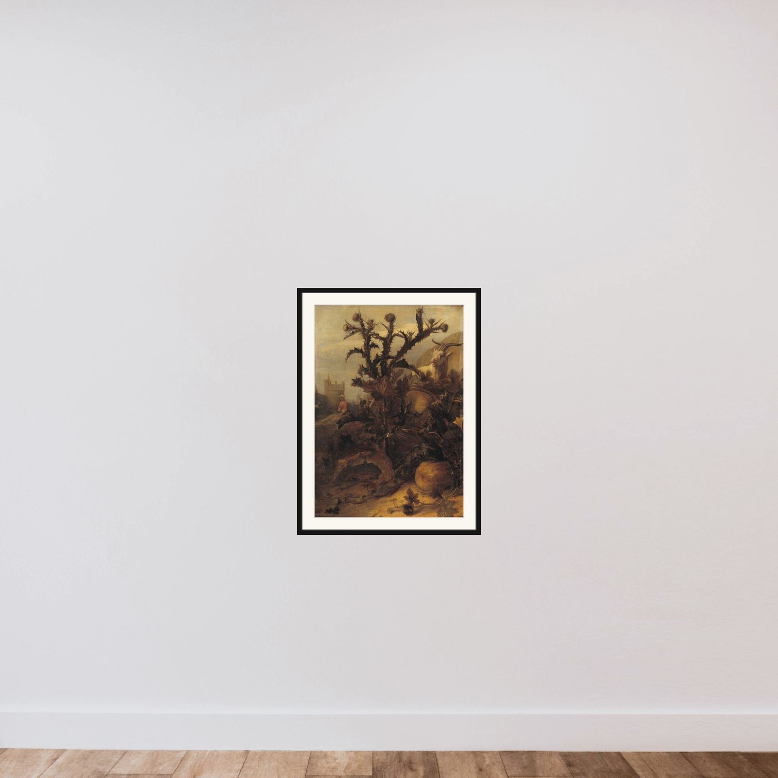 En tidselbusk, græskar og en ged framed — shown to scale