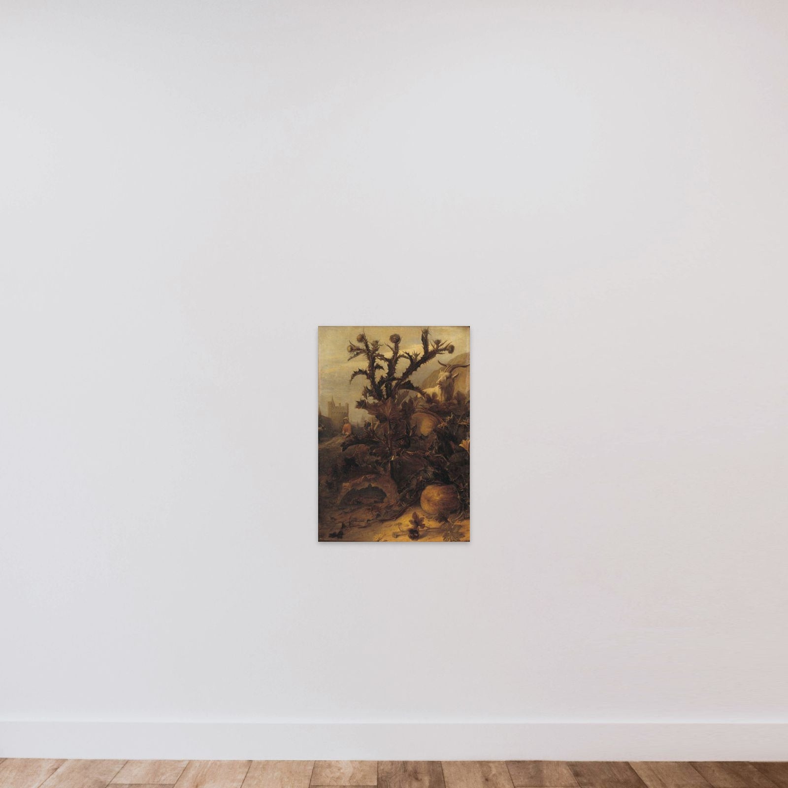 En tidselbusk, græskar og en ged unframed — shown to scale