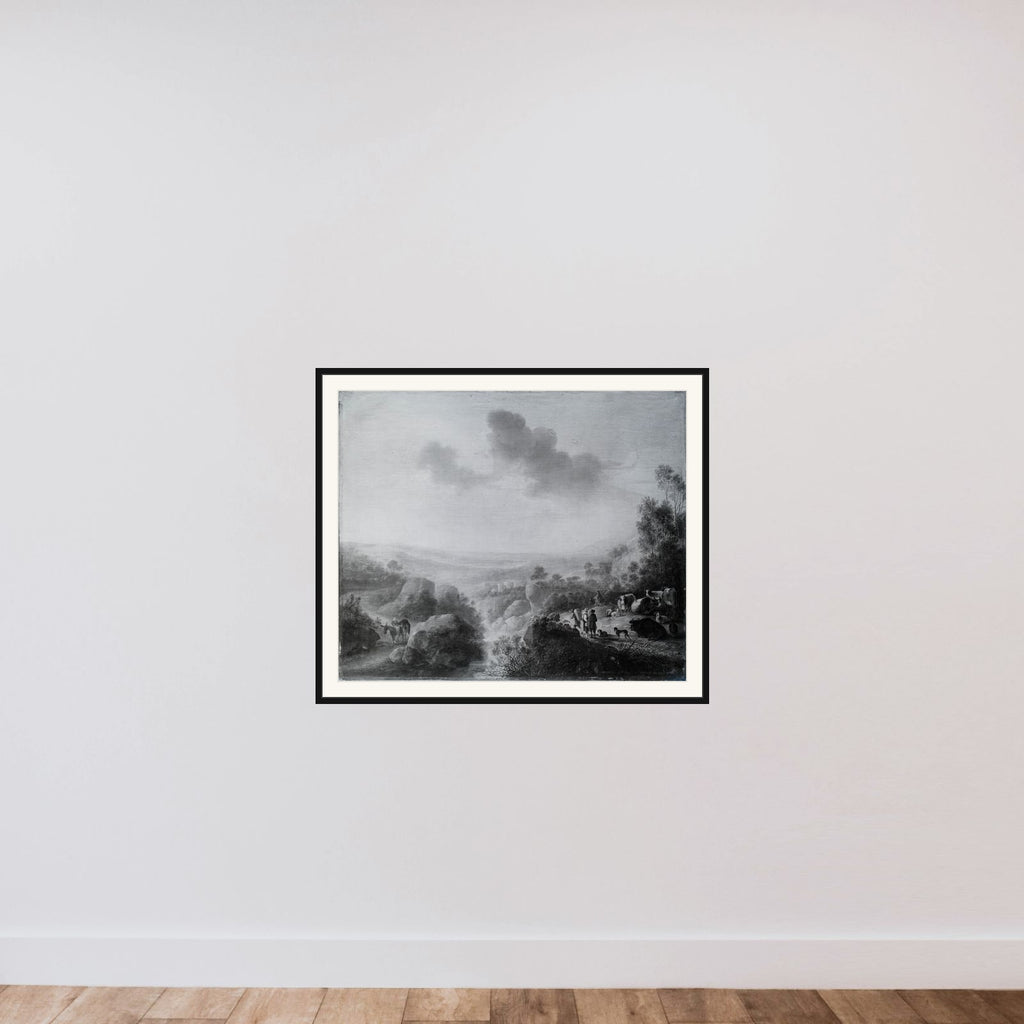 Landskab med kvæg ved bæk framed — shown to scale