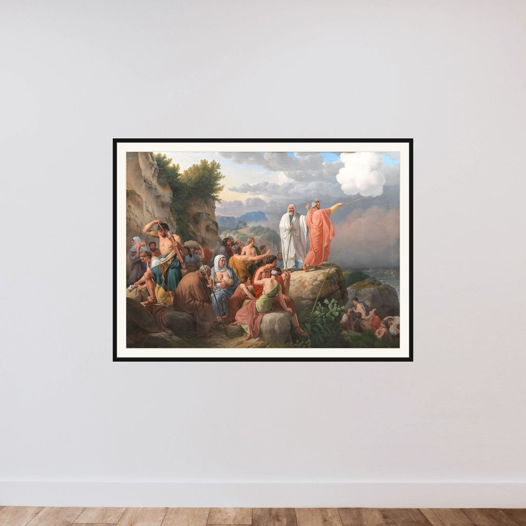 Moses lader Det Røde Hav træde tilbage og Faraos hær oversvømmes framed — shown to scale