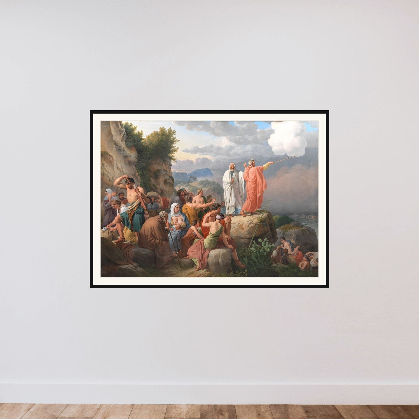 Moses lader Det Røde Hav træde tilbage og Faraos hær oversvømmes framed — shown to scale