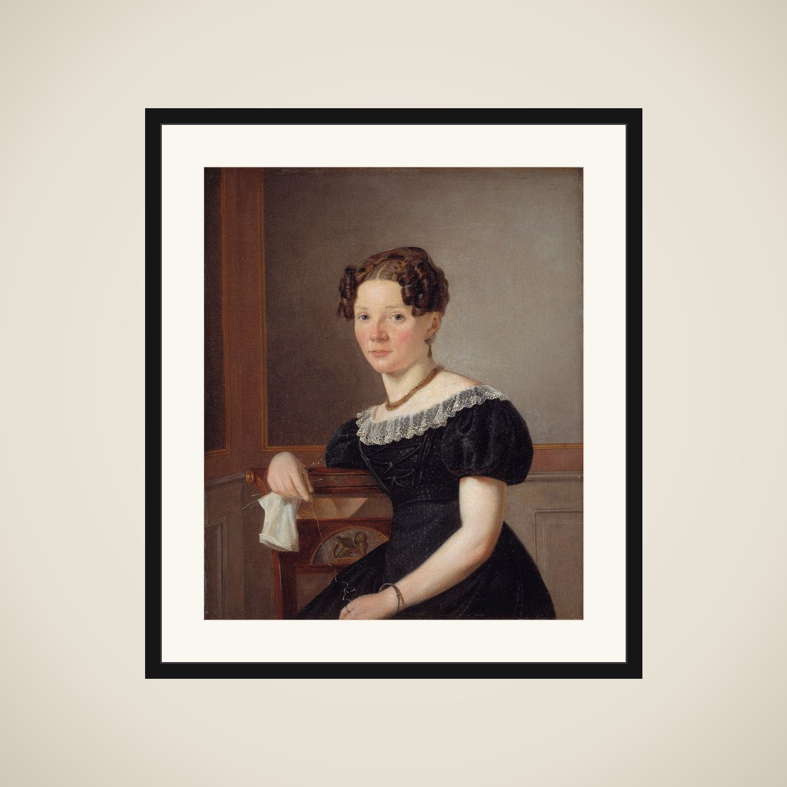 Dame med strikketøj. En af kunstnerens søstre (?) framed