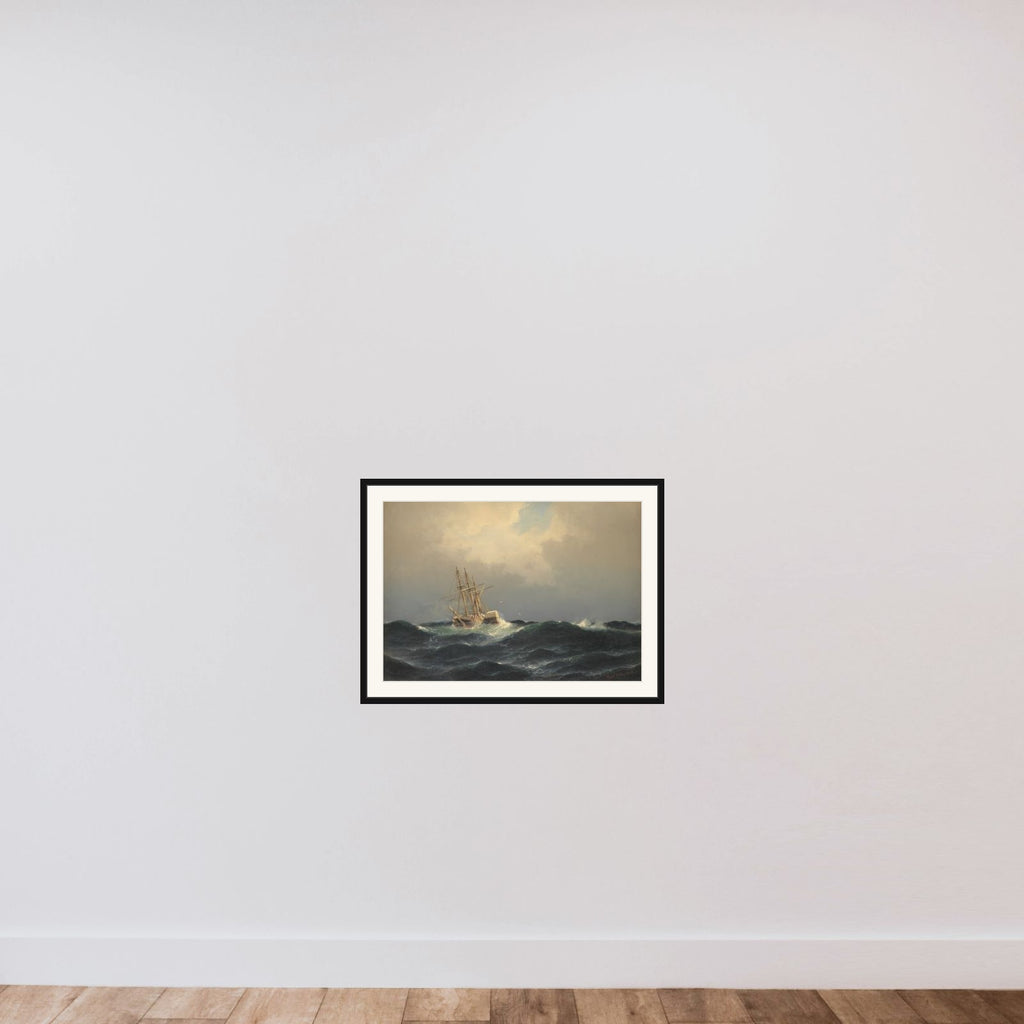 Et dampskib i en storm i Atlanterhavet framed — shown to scale