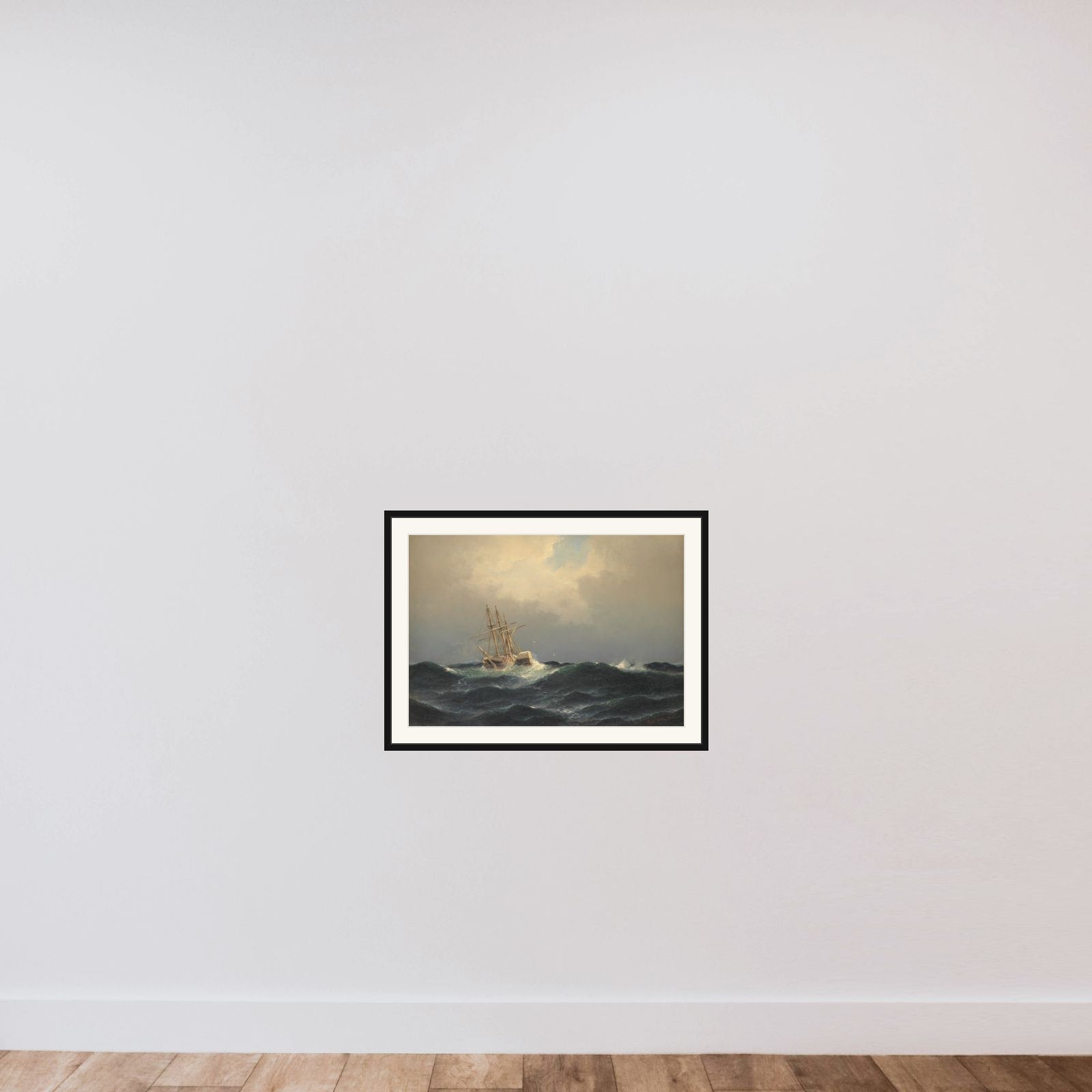 Et dampskib i en storm i Atlanterhavet framed — shown to scale
