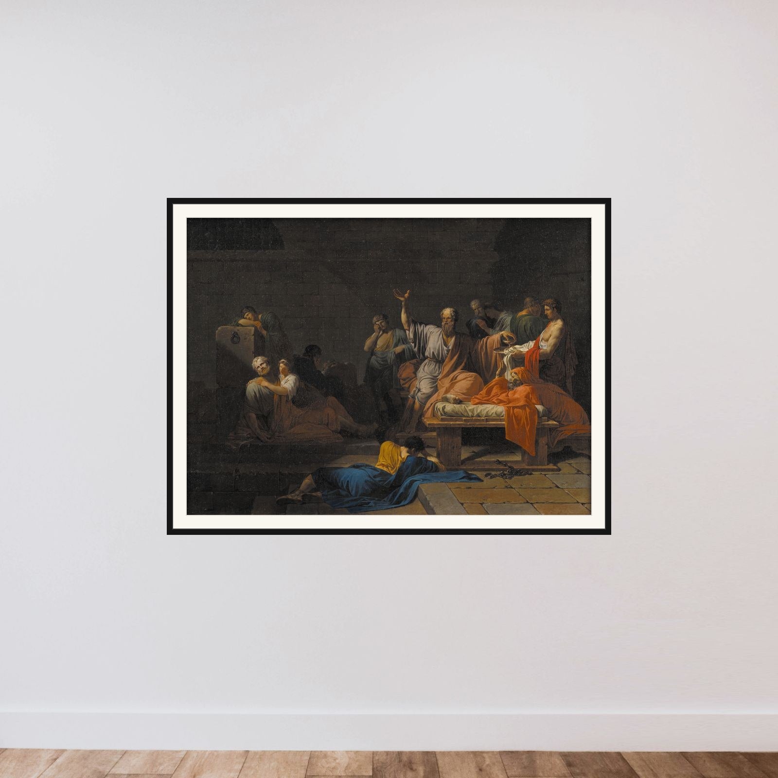 Sokrates' død i fængslet framed — shown to scale
