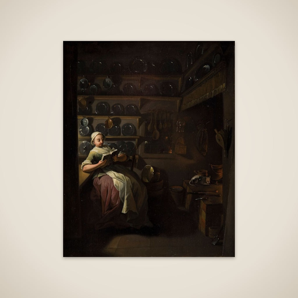 Køkkeninteriør med læsende pige unframed print