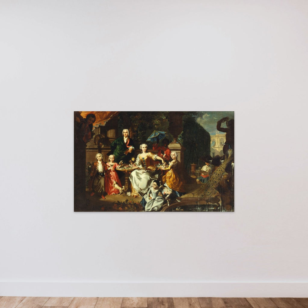Familiegruppe på en terrasse ved en villa. Muligvis den engelske forretningsmand George Jackson med sin familie unframed — shown to scale