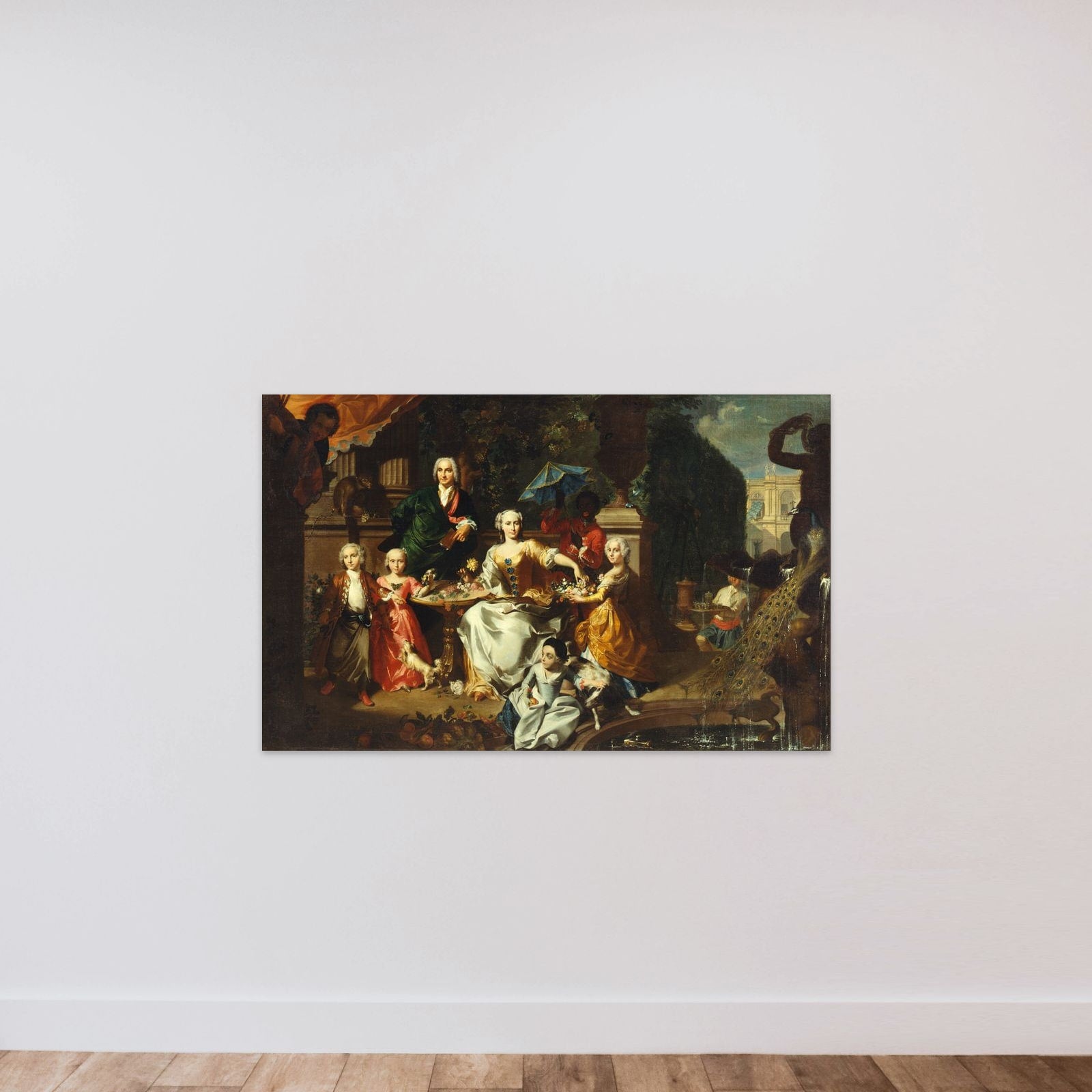 Familiegruppe på en terrasse ved en villa. Muligvis den engelske forretningsmand George Jackson med sin familie unframed — shown to scale