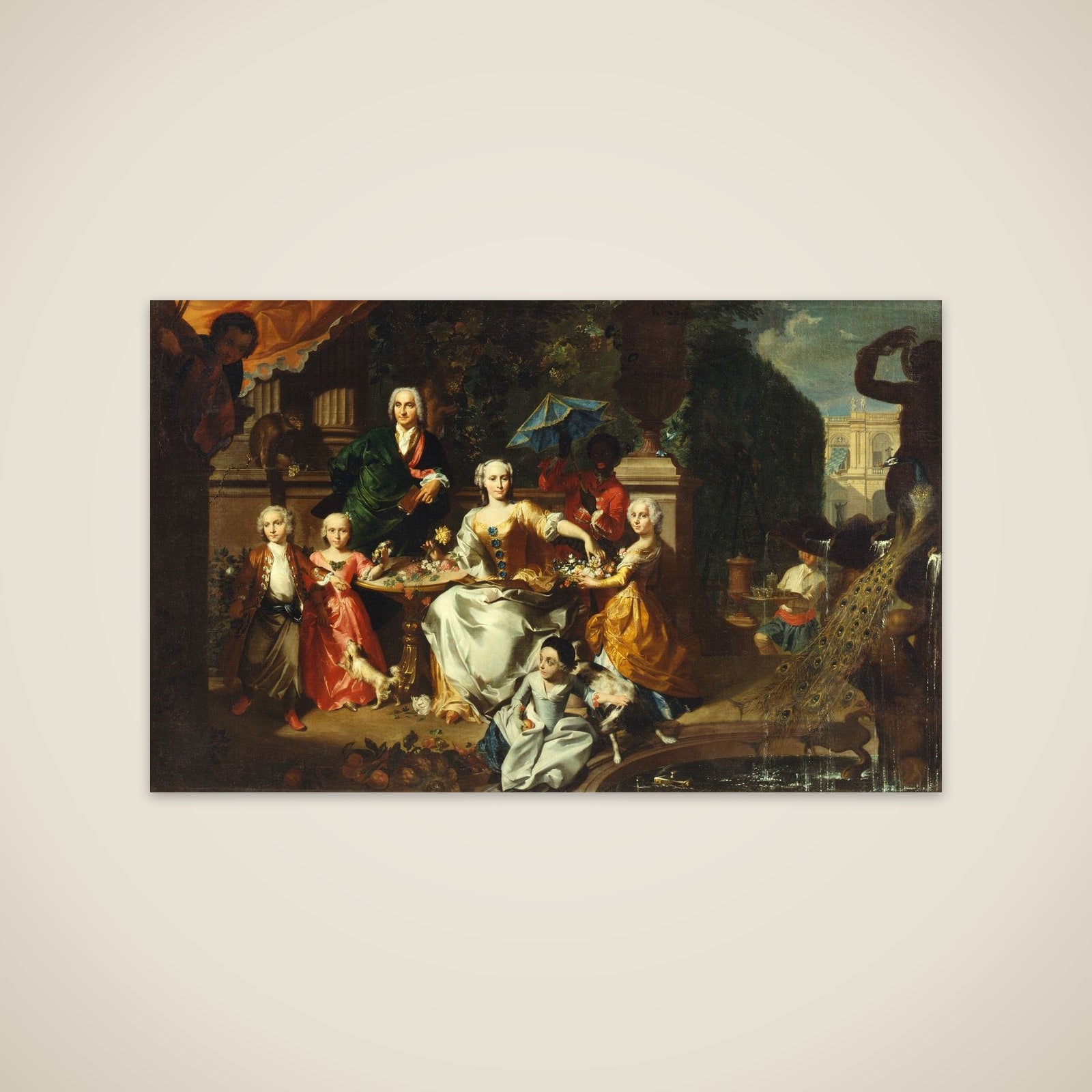 Familiegruppe på en terrasse ved en villa. Muligvis den engelske forretningsmand George Jackson med sin familie unframed print