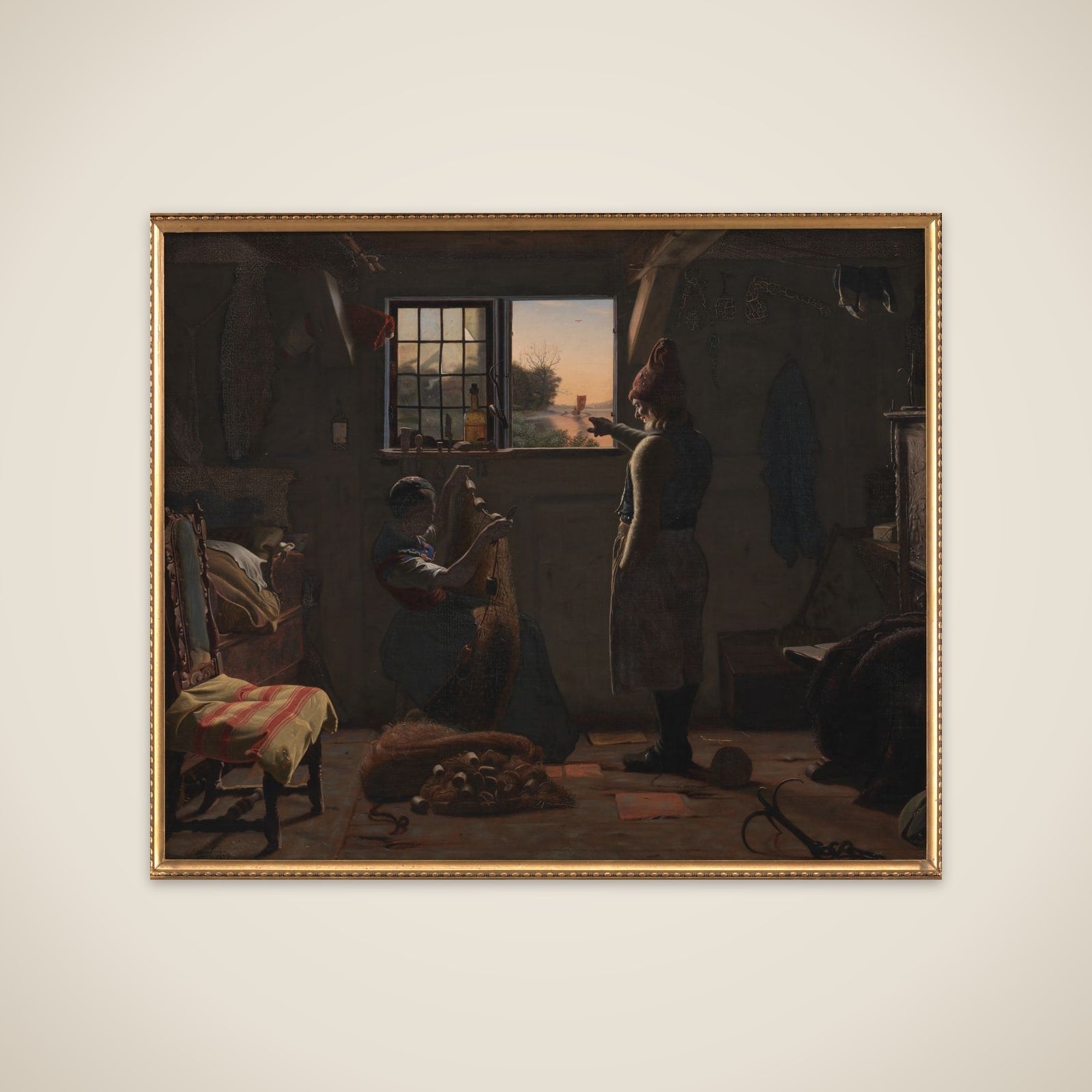 En fisker viser sin datter en bortsejlende båd unframed print