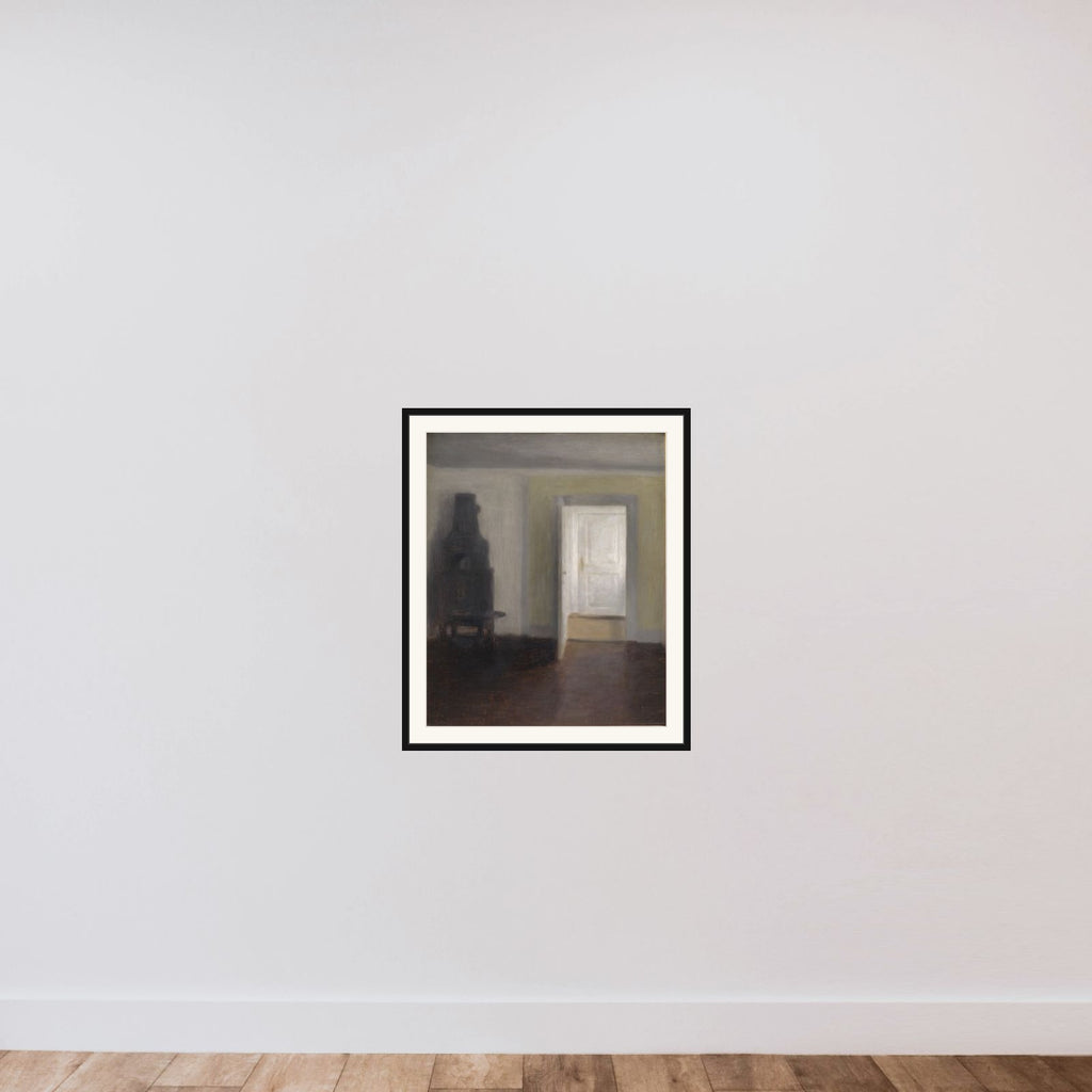 Interiør. Den gamle bilæggerovn. Albertines Lyst, Lyngby framed — shown to scale