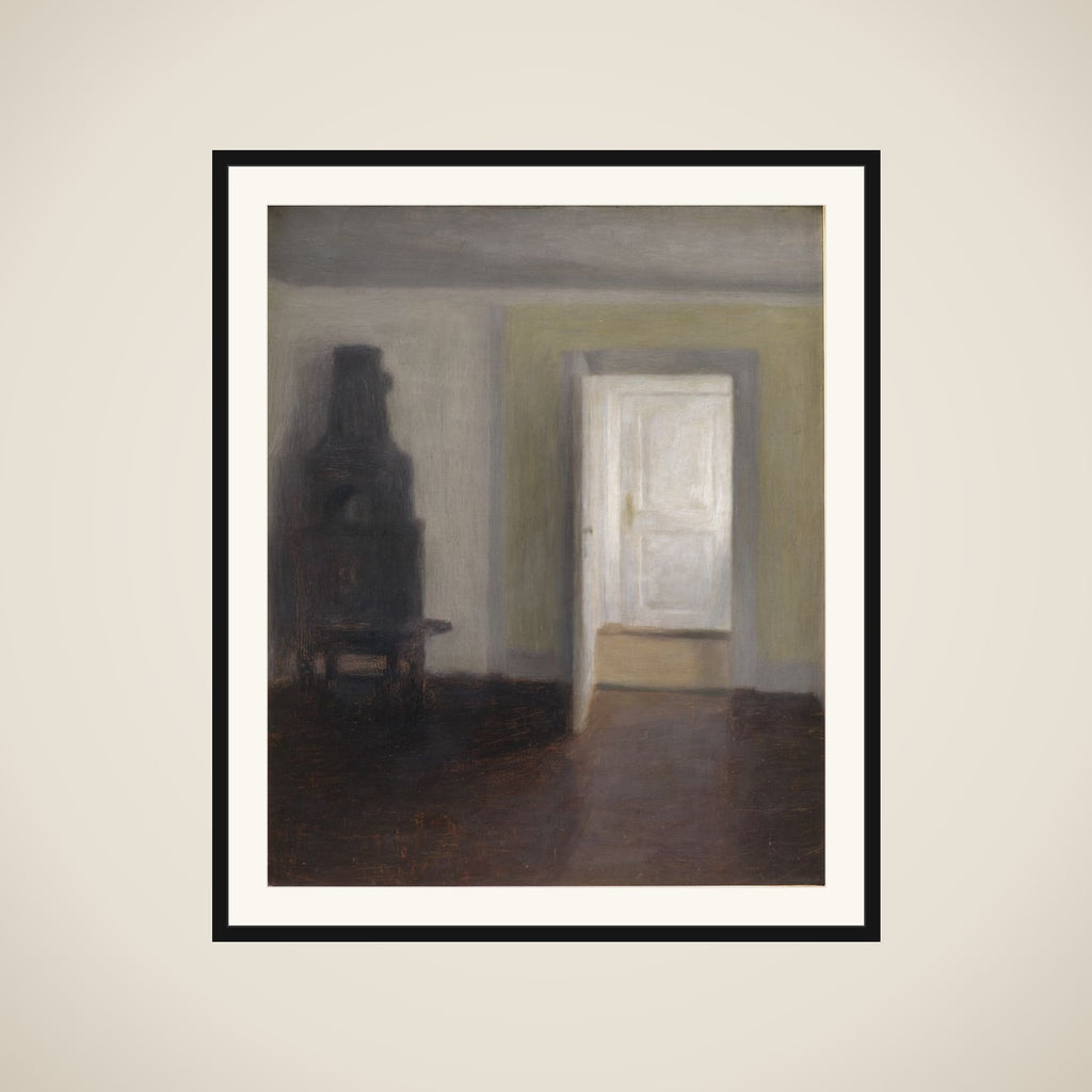 Interiør. Den gamle bilæggerovn. Albertines Lyst, Lyngby framed