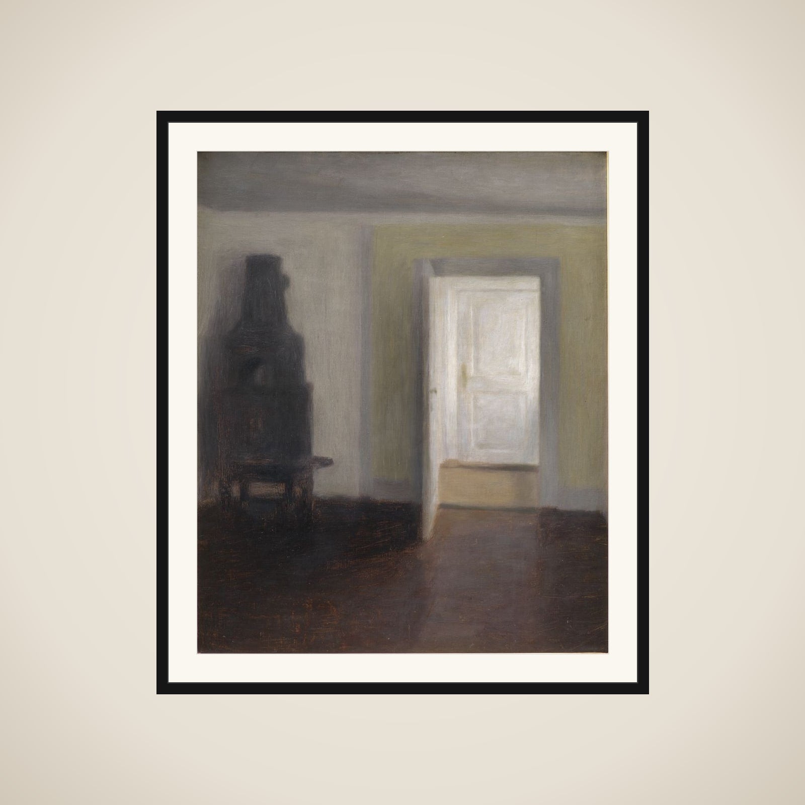 Interiør. Den gamle bilæggerovn. Albertines Lyst, Lyngby framed