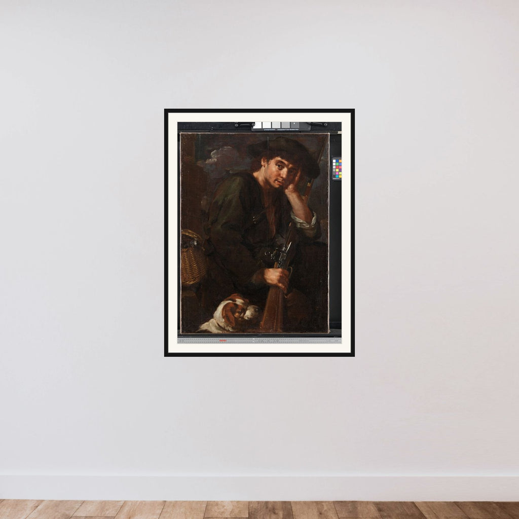 Jæger med bøsse og hund. ( Allegori på "Luften") framed — shown to scale