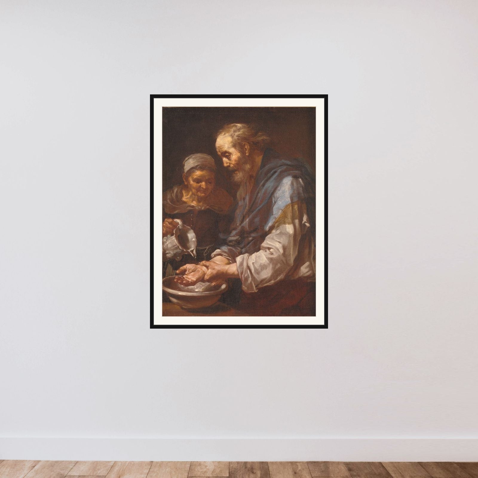 Gammel mand, der vasker hænder framed — shown to scale