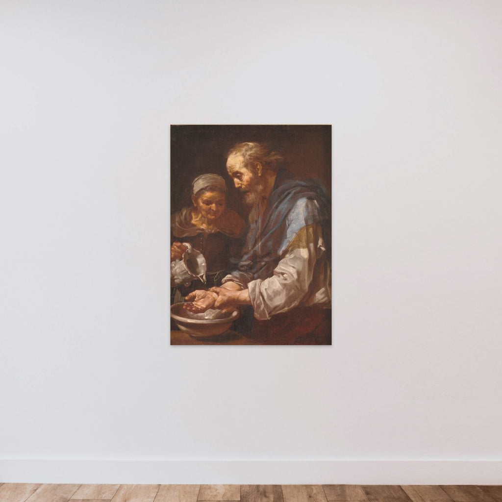 Gammel mand, der vasker hænder unframed — shown to scale