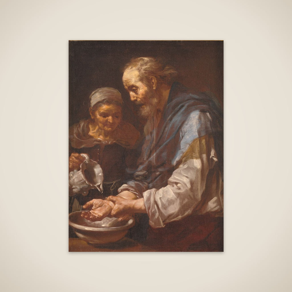 Gammel mand, der vasker hænder unframed print