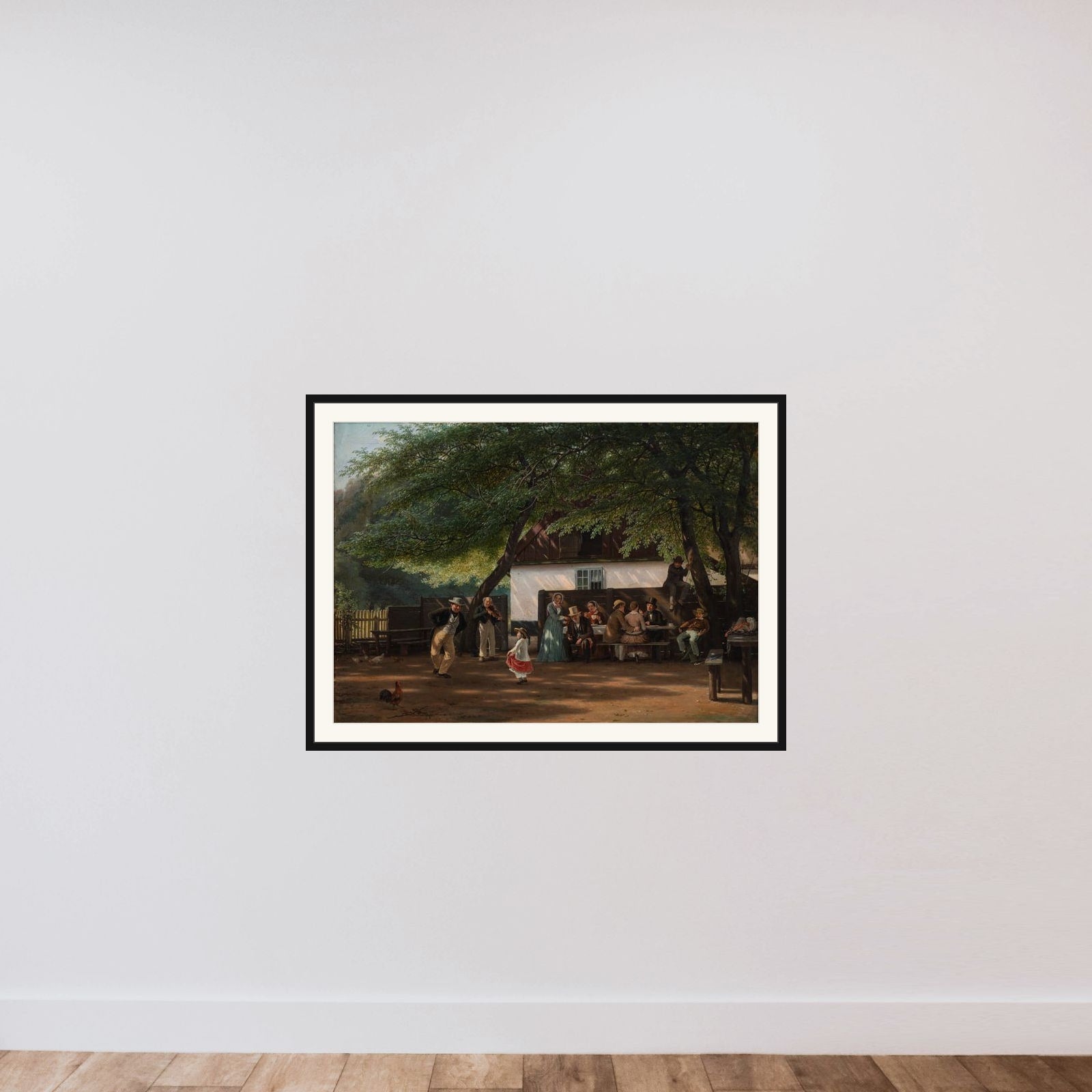 Et kaffeselskab ved et skovløberhus framed — shown to scale