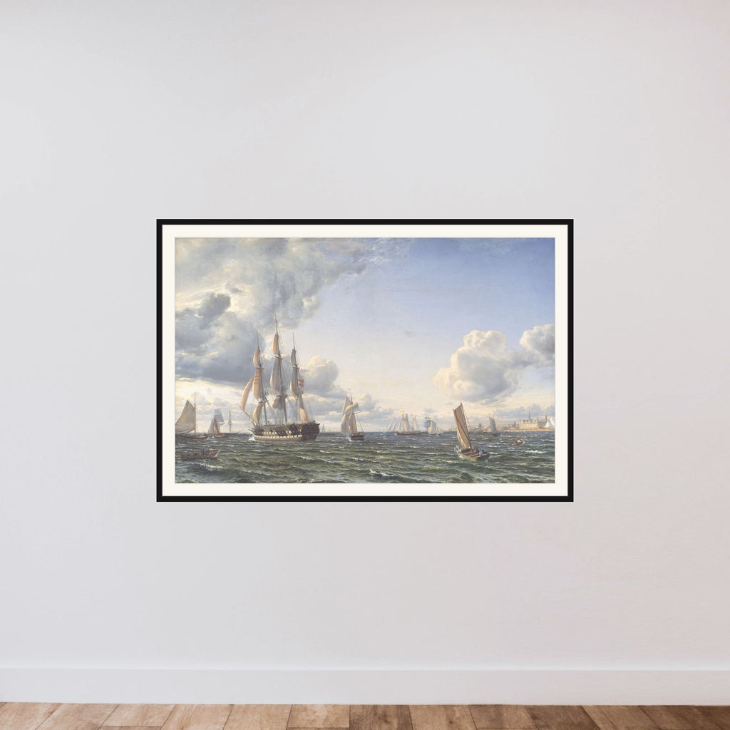 Linieskibet "Valdemar" krydser Sundet ind for en frisk bramsejlskuling framed — shown to scale