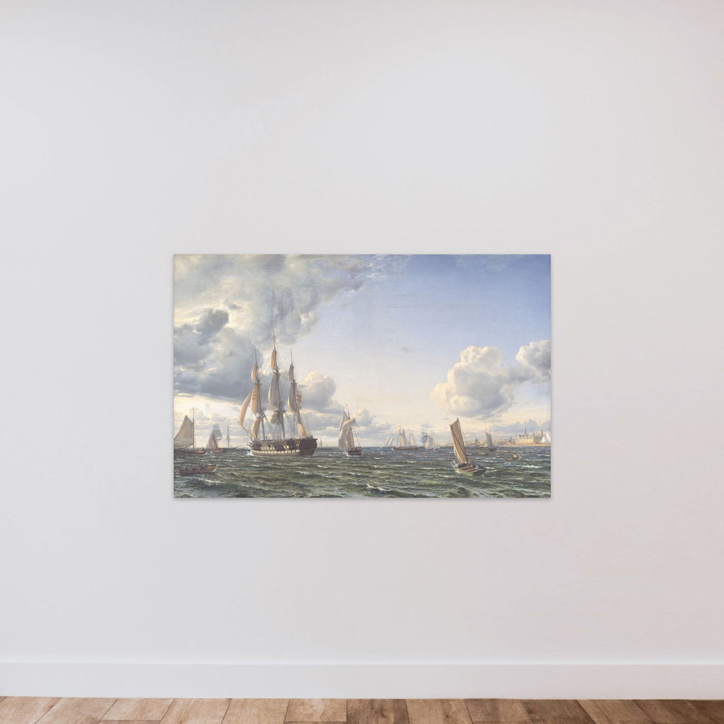 Linieskibet "Valdemar" krydser Sundet ind for en frisk bramsejlskuling unframed — shown to scale