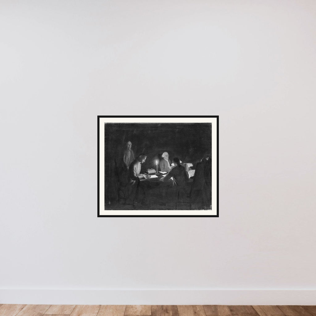 Interiør med en regnskabsfører og nogle skrivere ved stearinlys framed — shown to scale