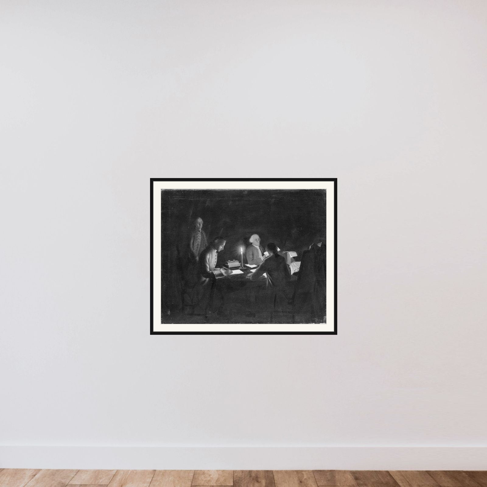 Interiør med en regnskabsfører og nogle skrivere ved stearinlys framed — shown to scale