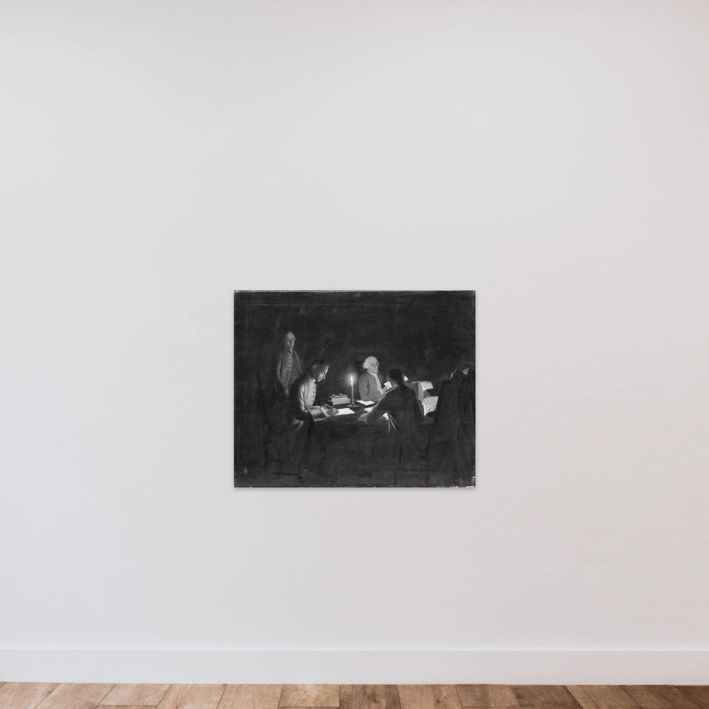 Interiør med en regnskabsfører og nogle skrivere ved stearinlys unframed — shown to scale