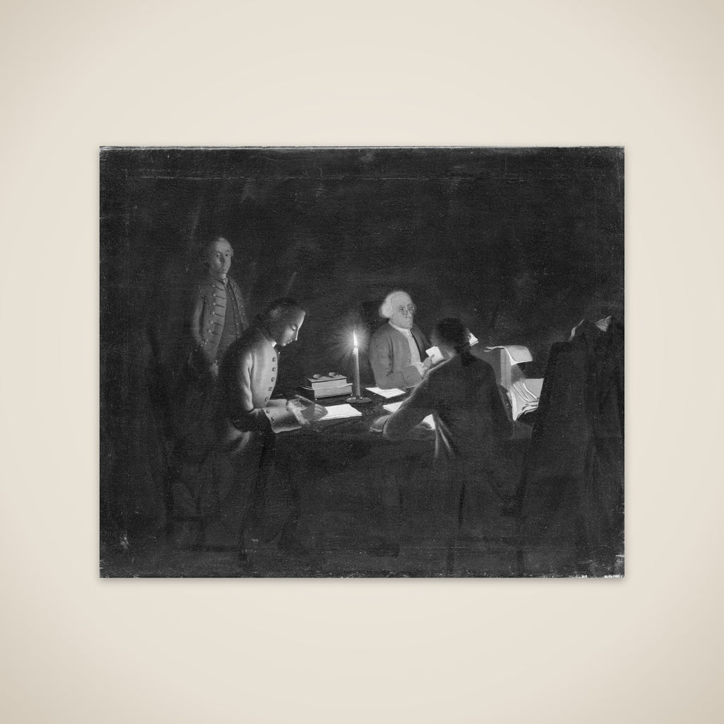 Interiør med en regnskabsfører og nogle skrivere ved stearinlys unframed print
