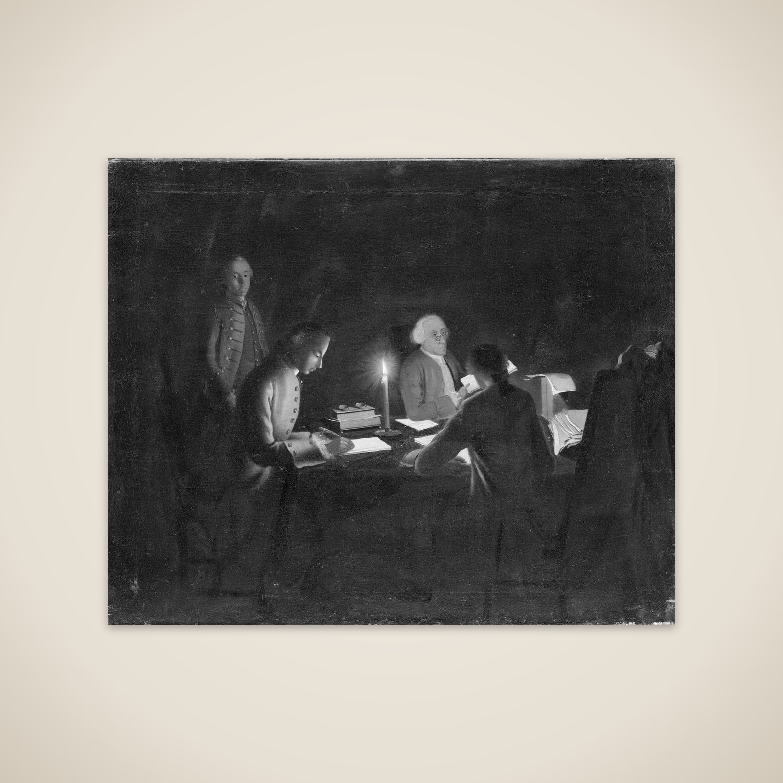 Interiør med en regnskabsfører og nogle skrivere ved stearinlys unframed print
