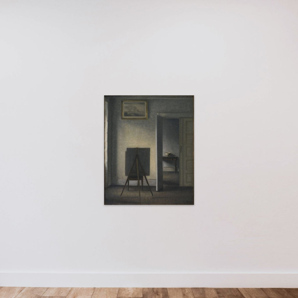 Interiør med kunstnerens staffeli unframed — shown to scale