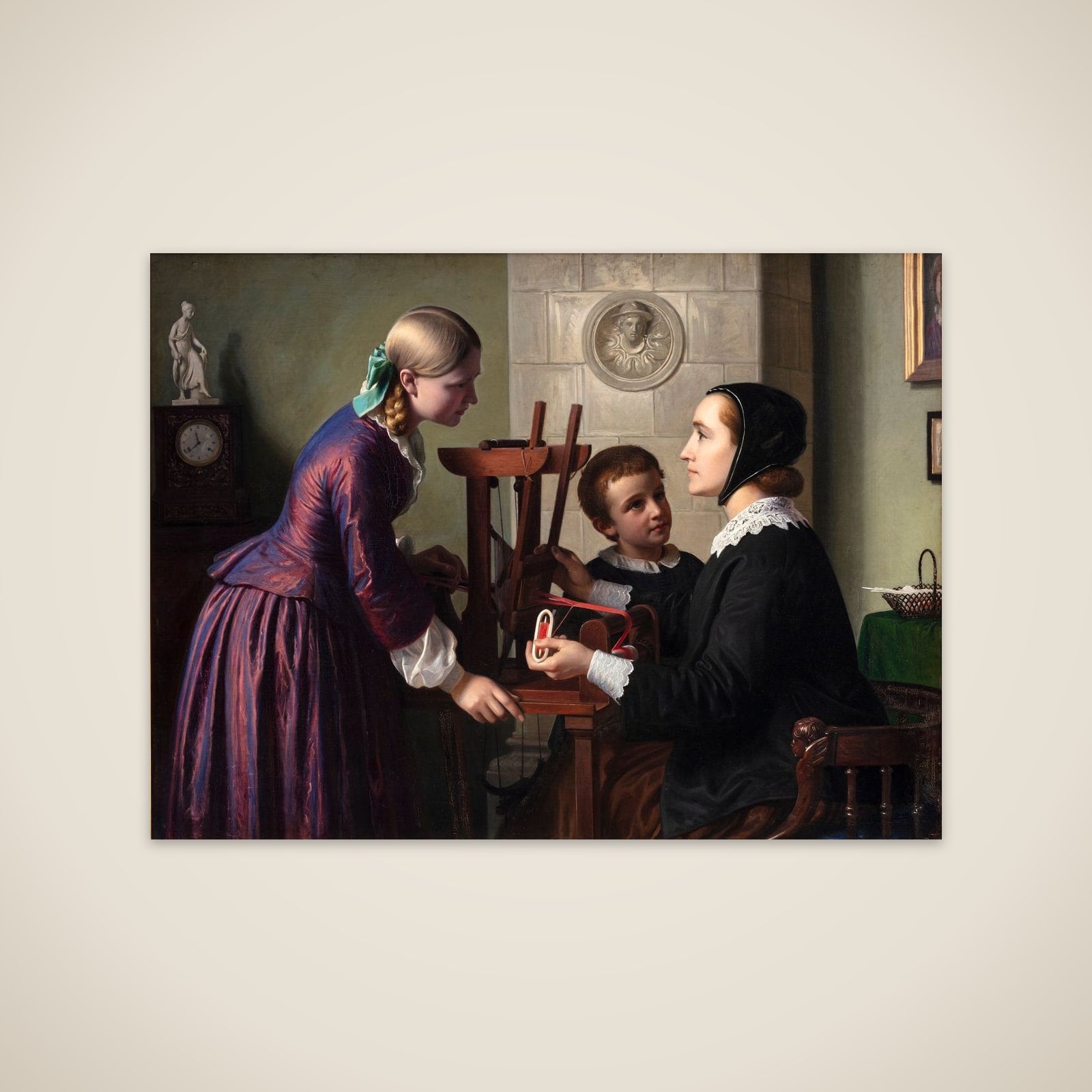 En husmoder ved sin båndvæv taler med to børn unframed print