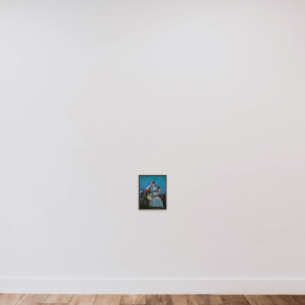 Ung kvinde siddende i et norsk landskab unframed — shown to scale