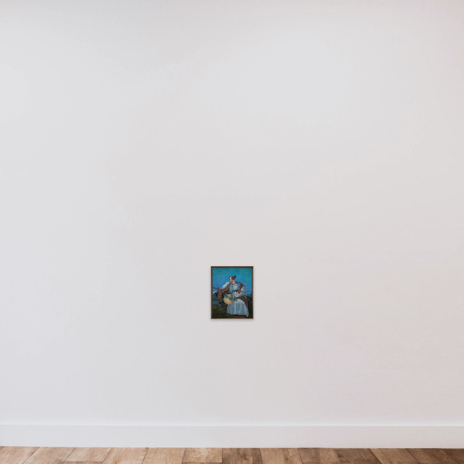 Ung kvinde siddende i et norsk landskab unframed — shown to scale