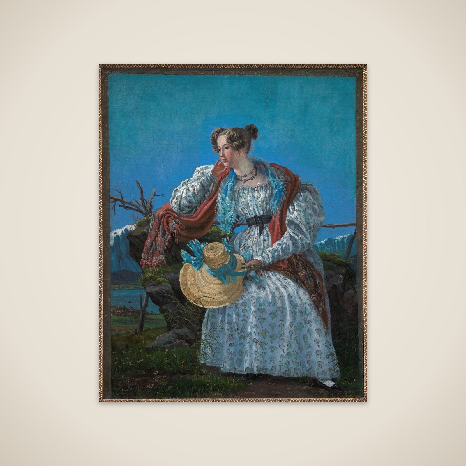 Ung kvinde siddende i et norsk landskab unframed print