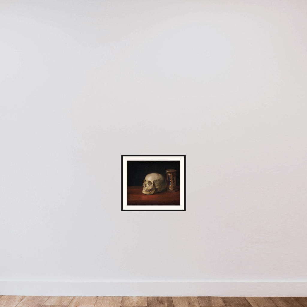 Dødningehoved og timeglas framed — shown to scale