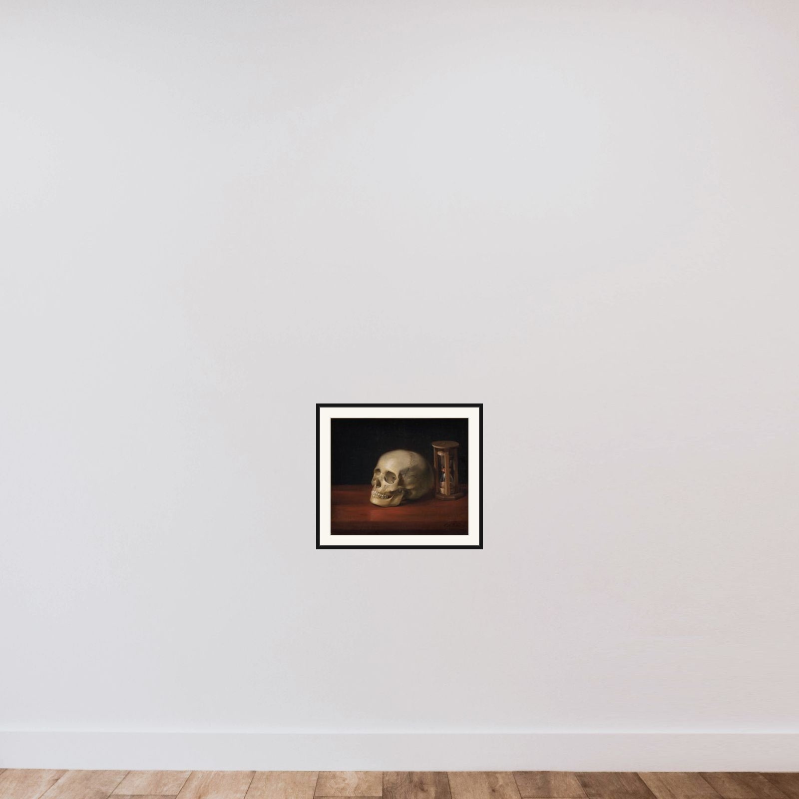 Dødningehoved og timeglas framed — shown to scale