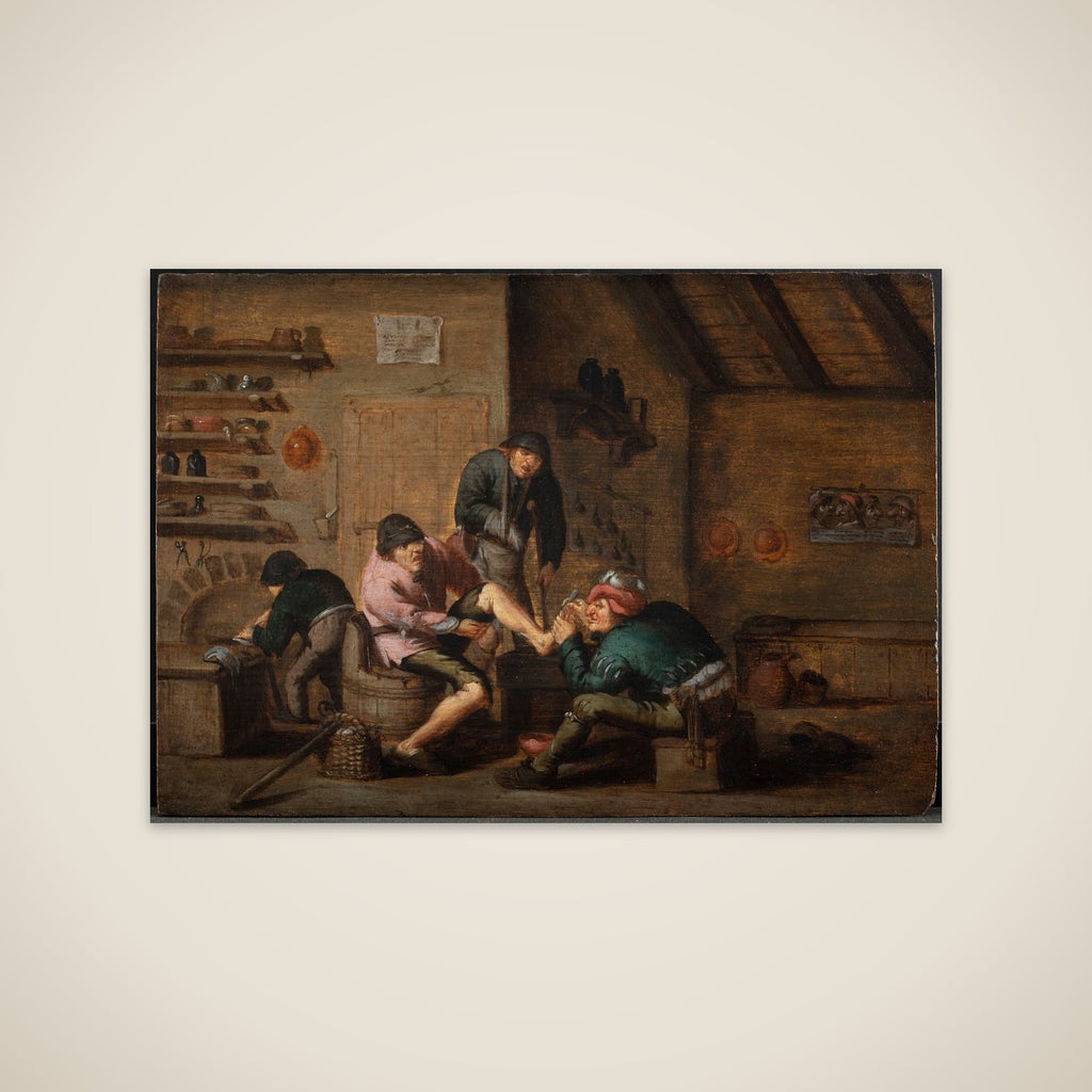 En barber opererer en fod. De fem sanser: Følesansen unframed print