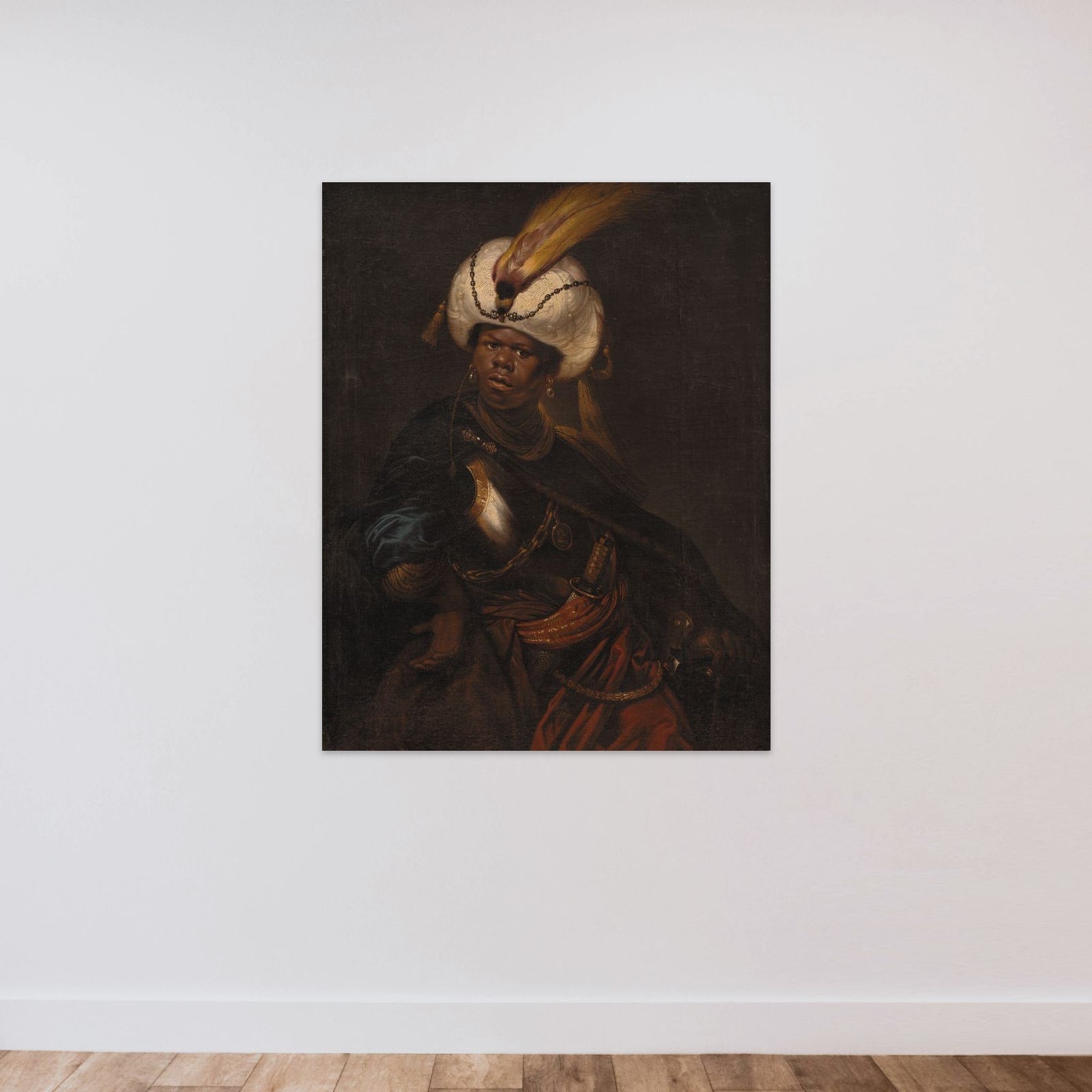 En mand med turban og rustning unframed — shown to scale
