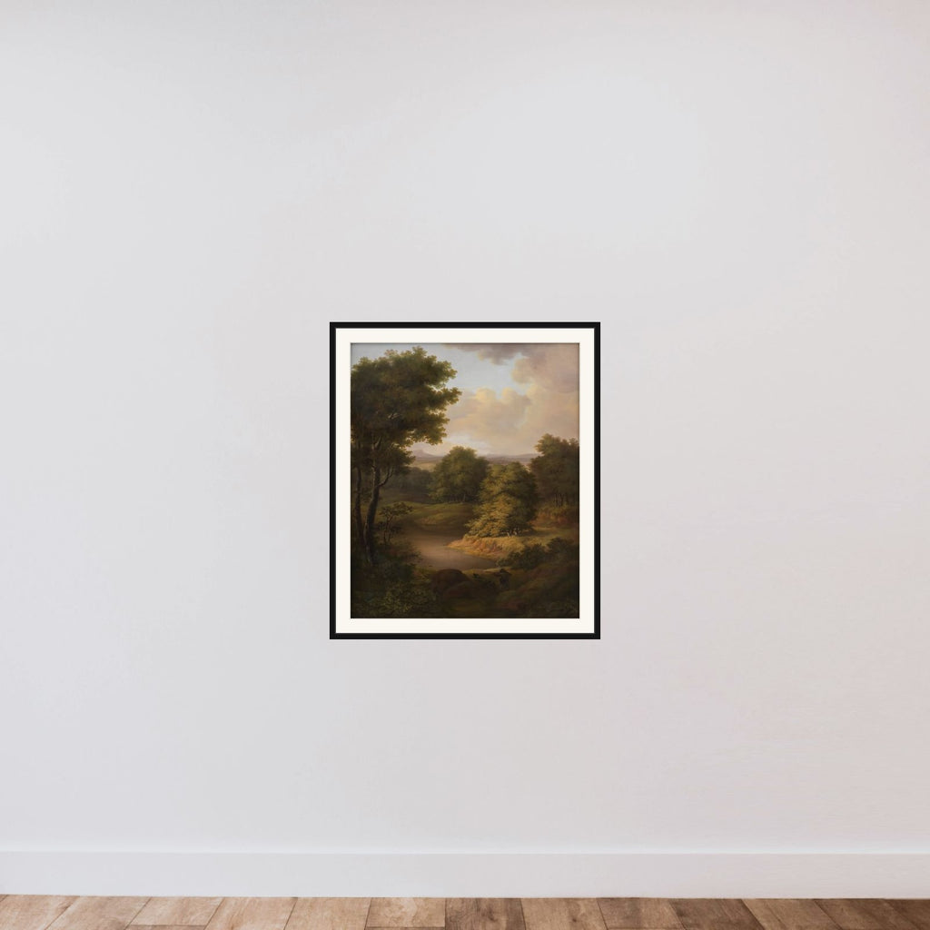 Et skovlandskab med en jæger framed — shown to scale