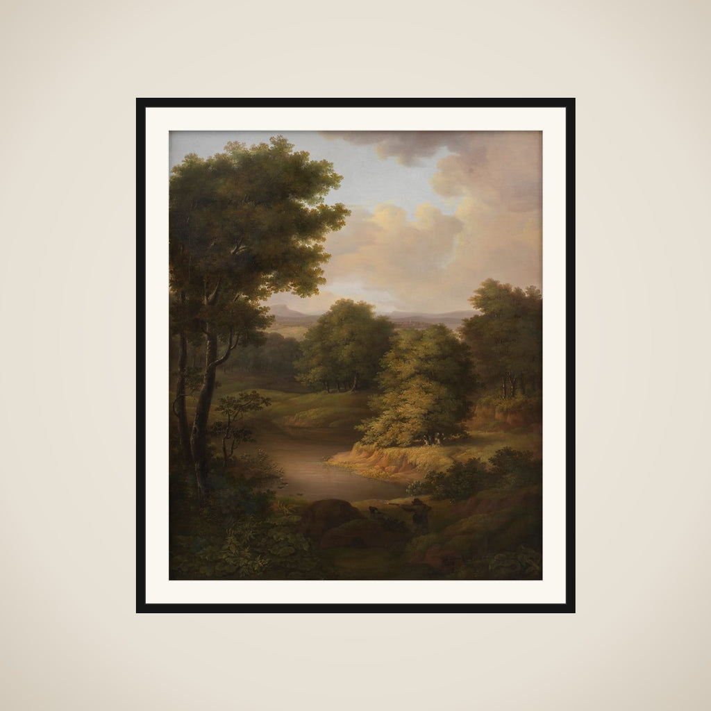 Et skovlandskab med en jæger framed