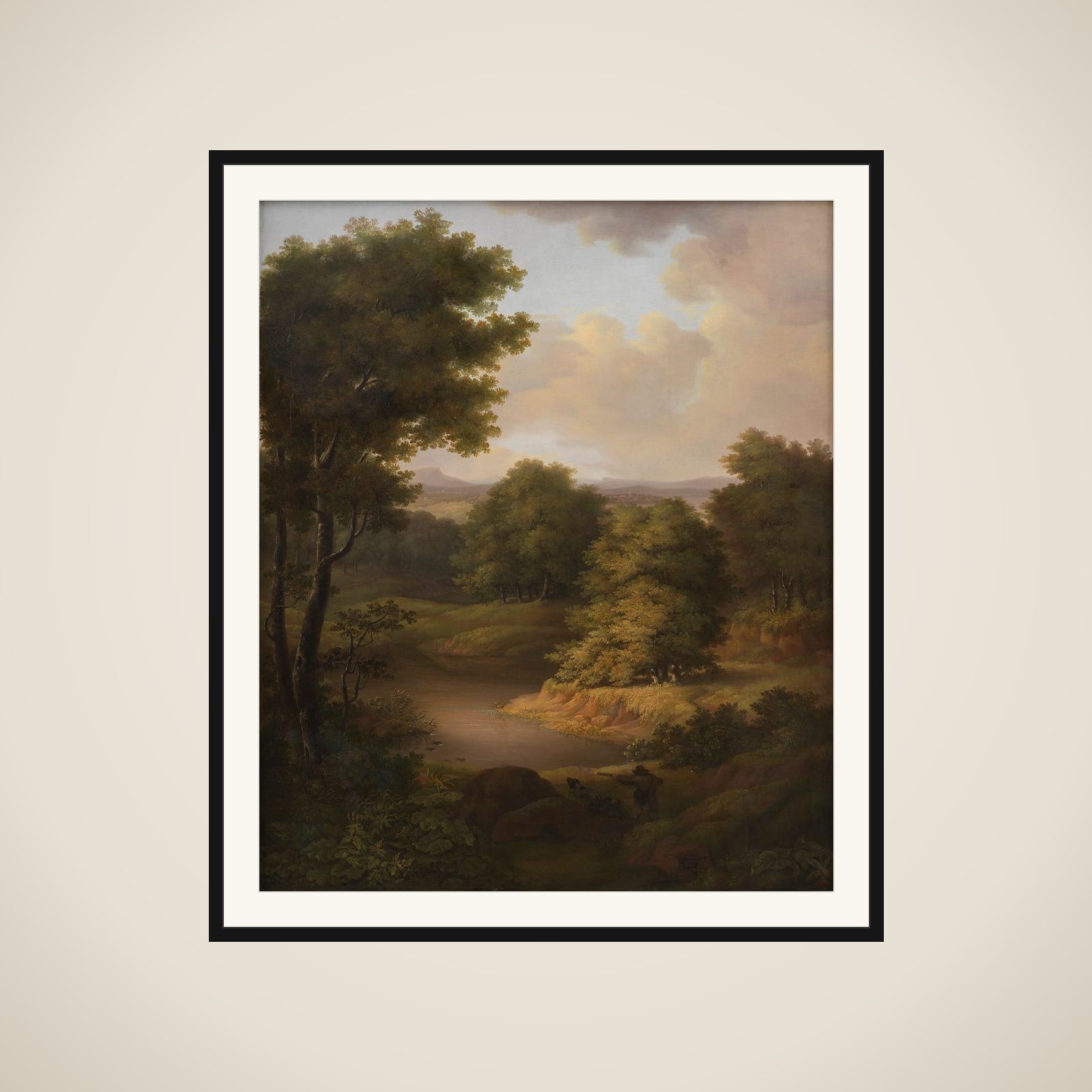 Et skovlandskab med en jæger framed