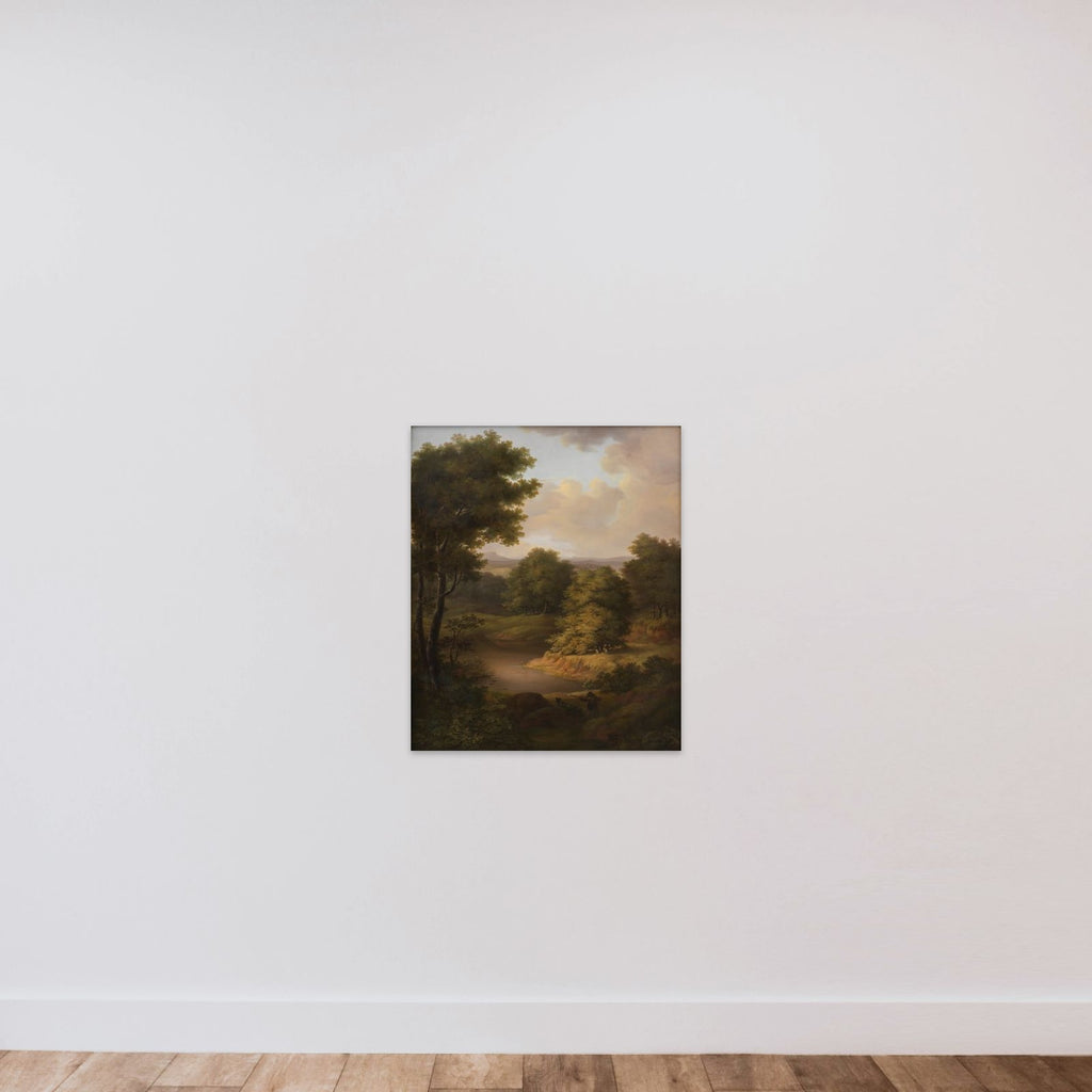 Et skovlandskab med en jæger unframed — shown to scale