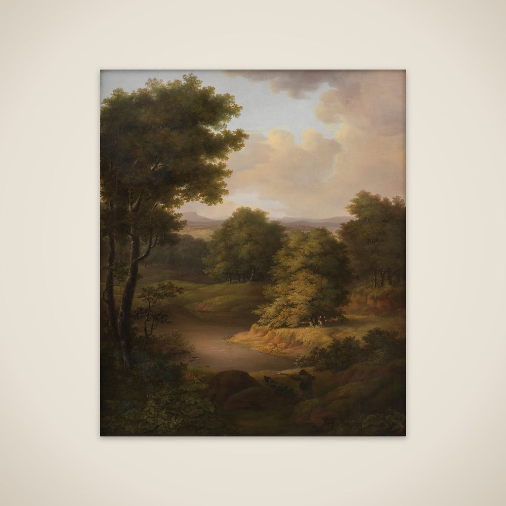 Et skovlandskab med en jæger unframed print