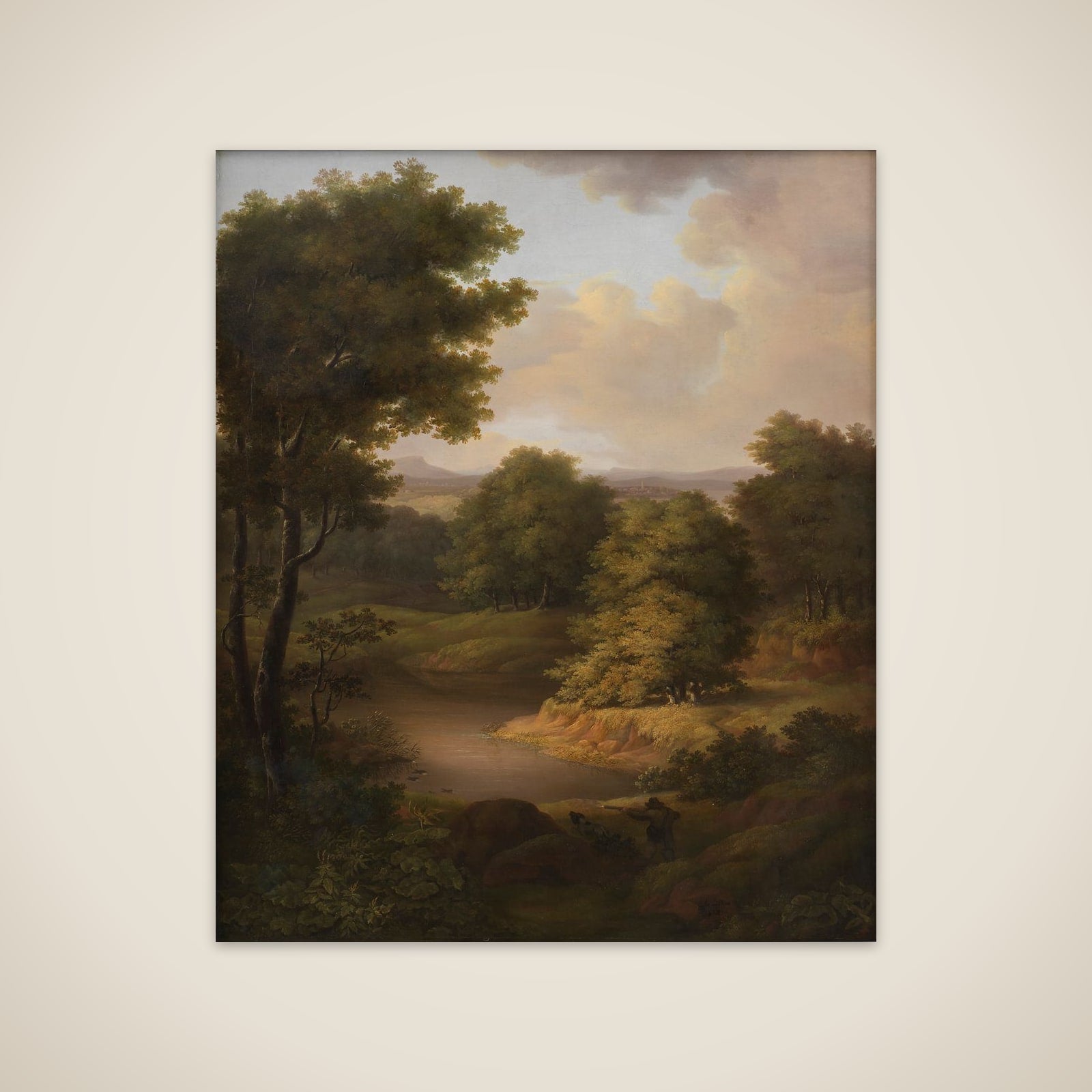 Et skovlandskab med en jæger unframed print