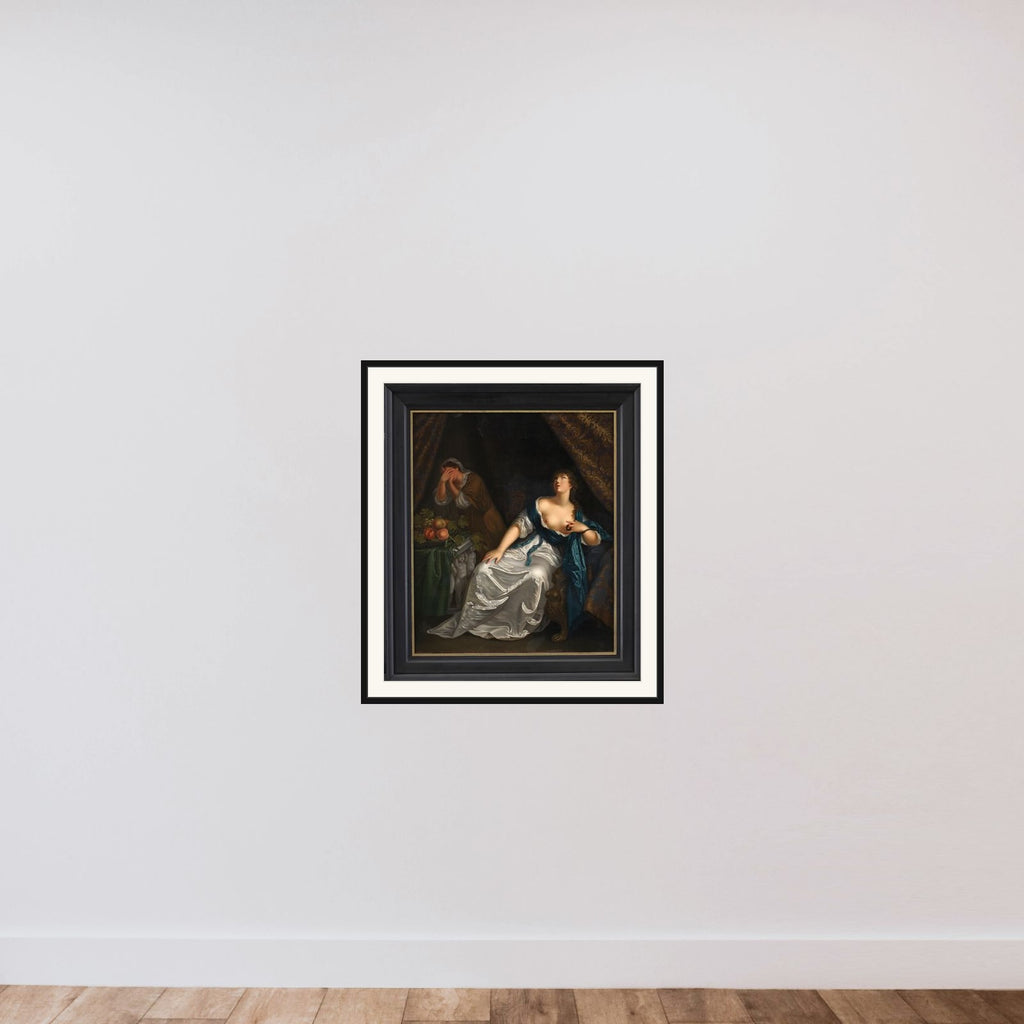 Kleopatras død. Spejlvendt kopi efter Caspar Netscher i Staatliche Kunsthalle, Karlsruhe framed — shown to scale