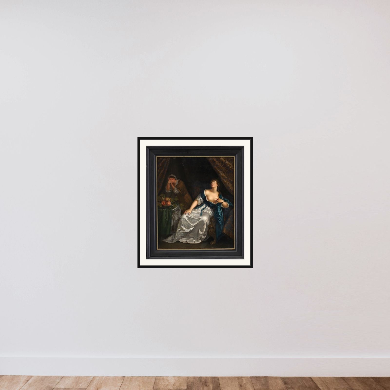 Kleopatras død. Spejlvendt kopi efter Caspar Netscher i Staatliche Kunsthalle, Karlsruhe framed — shown to scale