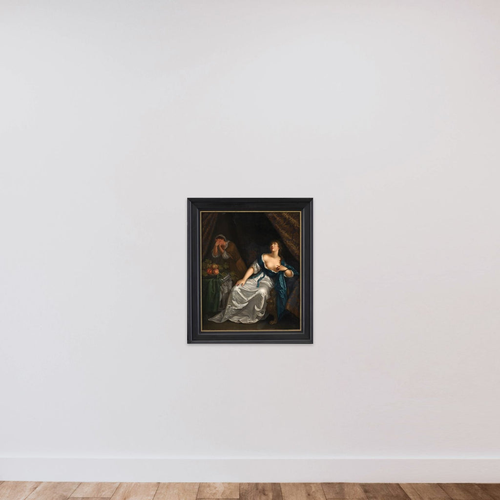 Kleopatras død. Spejlvendt kopi efter Caspar Netscher i Staatliche Kunsthalle, Karlsruhe unframed — shown to scale